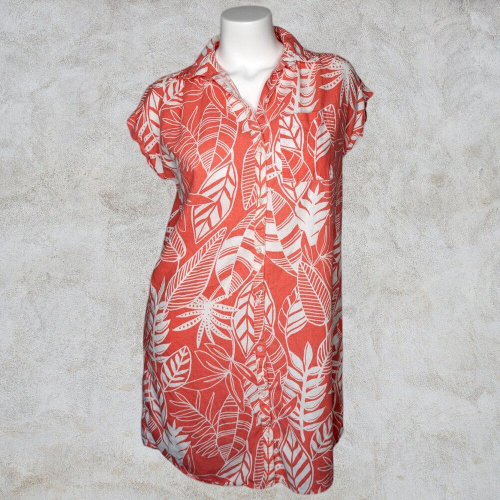 Palm Tree Print Coral & White Old Navy Linen Blend Shirt Dress